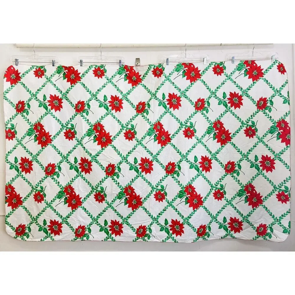 Vintage Vinyl Plastic Tablecloth Poinsettias Flannel Back Christmas Red Green Ea